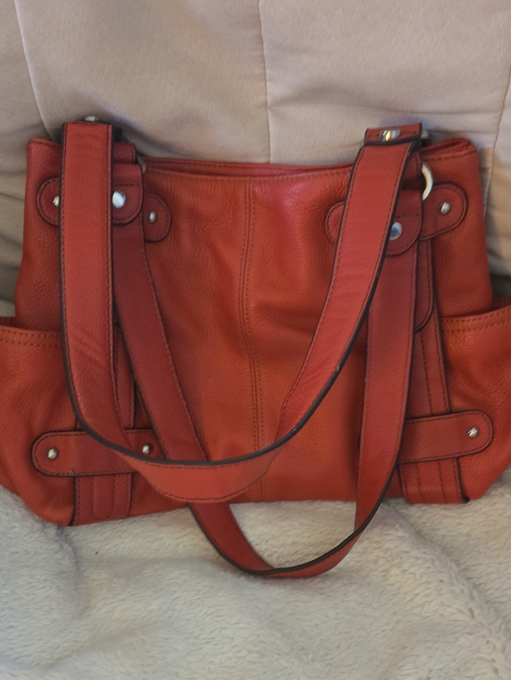 Red Leather Shoulder Tote Bag - Women's Everyday Handbag